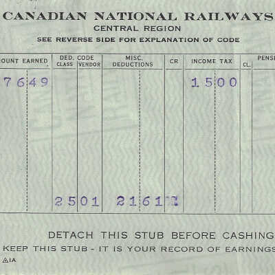Canadian National Statement of Earnings and Deductions belonging to Frank Mazzuca