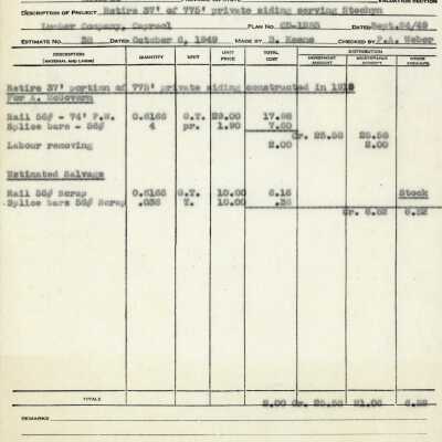 Document, CN Detailed Estimate, Retire 37 Feet of 775 Foot Private Siding Serving Stechyn.