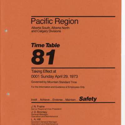CN Employee Operating Time Table 81 for Pacific Region, Alberta South, Alberta North and Calgary Divisions, Effective Sunday, April 29th, 1973