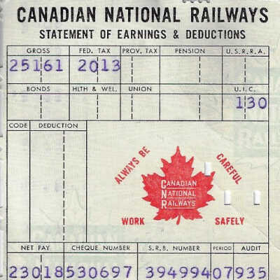 Canadian National Statement of Earnings and Deductions Belonging to Frank Mazzuca