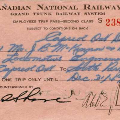 Canadian National Railways Employee Trip Pass, Capreol to South Parry, J. B. McKinnon and one employee, 1947