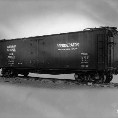 Photograph, Canadian National Railways Refrigerator car #208978 with Divided Basket Bunker-Ventilator, built in March, 1936.