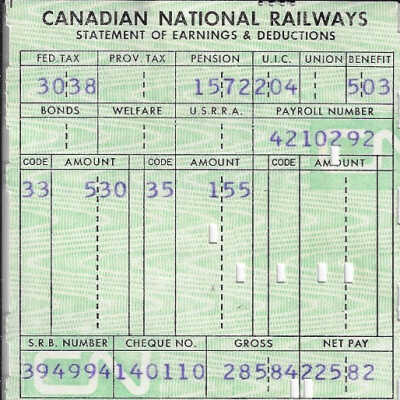 Canadian National Statement of Earnings and Deductions belonging to Frank Mazzuca