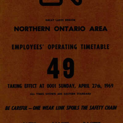 Employee Timetable, CN Rail, Northern Ontario Area 49, April 27th 1969.