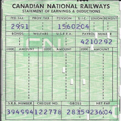 Canadian National Statement of Earnings and Deductions belonging to Frank Mazzuca
