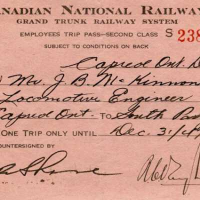 Canadian National Railways Employee Trip Pass, Capreol to South Parry, J. B. McKinnon and one employee, 1947