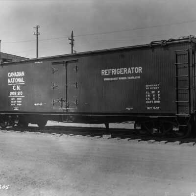 Photograph, Canadian National Railways Refrigerator car #209120 with Divided Basket Bunker-Ventilator, built in May, 1937.