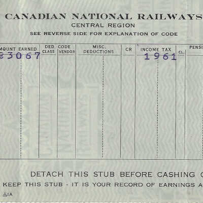 Canadian National Statement of Earnings and Deductions belonging to Frank Mazzuca