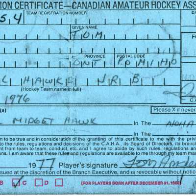 Hockey Player's Registration Certificate belonging to Tom Anderson