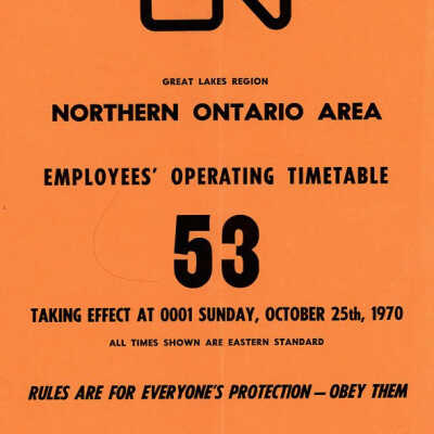 Employee Timetable, CN Rail, Northern Ontario Area 53, October 25th 1970.