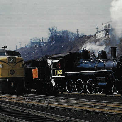 Canadian National Postcard showing Diesel Engine #9408 and Steam Engine #1165 in Turcot, Montreal, QC, 1958