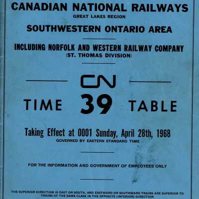 Timetable, CN Southwestern Ontario including Norfolk and Western Railway 39, April 28th 1968.