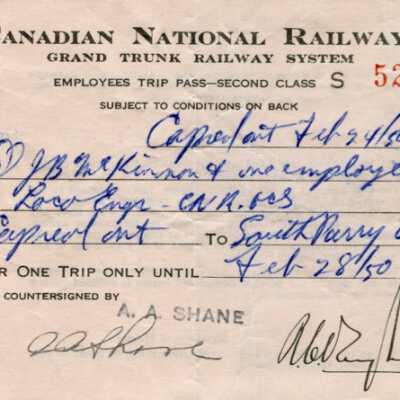 Canadian National Railways Employee Trip Pass, Capreol to South Parry, J. B. McKinnon and one employee, 1950