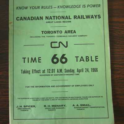 CN Great Lakes Region, Toronto Area, Time Table No. 66, Taking Effect at 12.01 A.M. Sunday, April 24, 1966