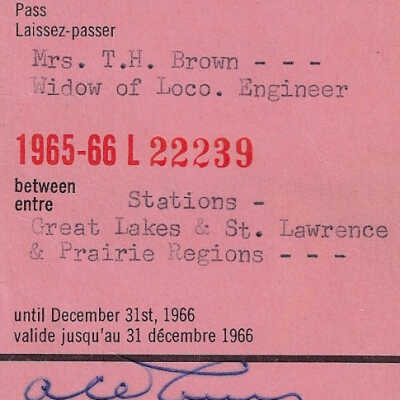 Canadian National: Stations in the Great Lakes, St. Lawrence, and Prairie Regions Widow of Locomotive Engineer Pass, Mrs. T. H. Brown, 1965