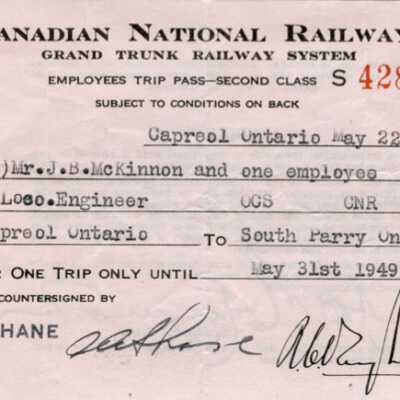 Canadian National Railways Employee Trip Pass, Capreol to South Parry, J. B. McKinnon and one employee, 1949