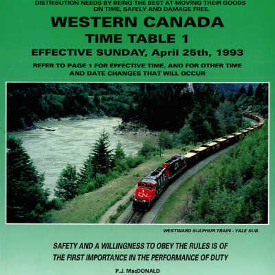 Employee Timetable, CN Rail, Western Canada 1, April 26th 1993.