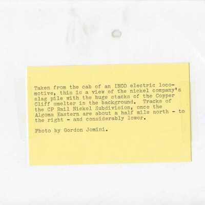 Photograph, INCO Slag Pile, Verso.