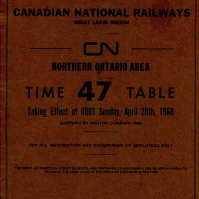 Timetable, CN Northern Ontario 47, April 20th 1968