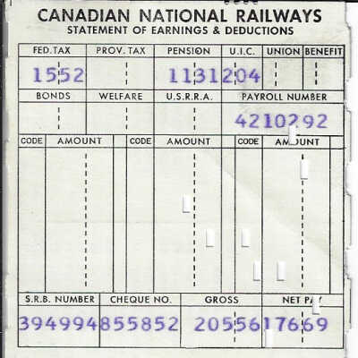 Canadian National Statement of Earnings and Deductions belonging to Frank Mazzuca