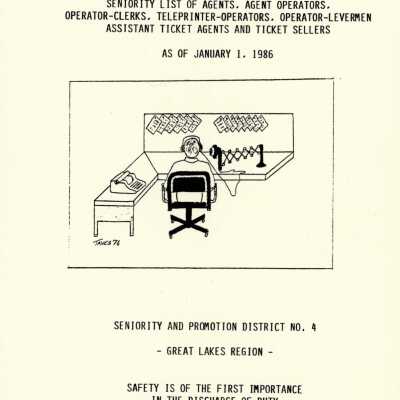 CN Rail, Great Lakes Region, Seniority List of Agents, Agent Operators, Operator-Clerks, Teleprinter-Operators, Operator-Levermen, Assistant Ticket Agents and Ticket Sellers, January 1 1986.