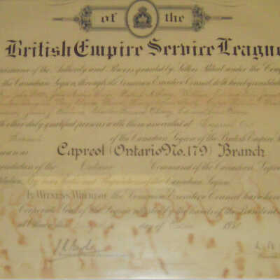 Colour Photograph. British Empire Service League Certificate, Capreol Ontario No. 179 Branch