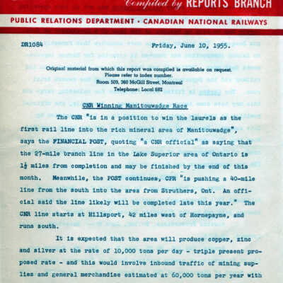 Canadian National Railways, Daily Report, Public Relations Department.