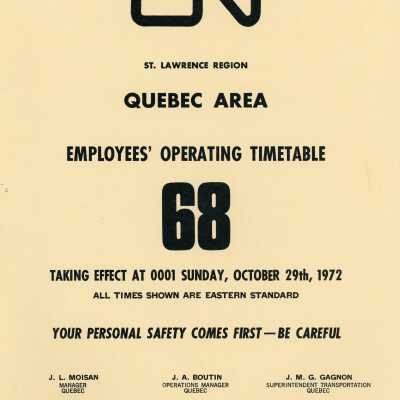 Employee Timetable, St. Lawrence, Quebec Area, Timetable 68, October 29th 1972.
