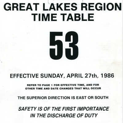 Employee Timetable, CN Rail, Great Lakes Region 53, April 27th 1986.