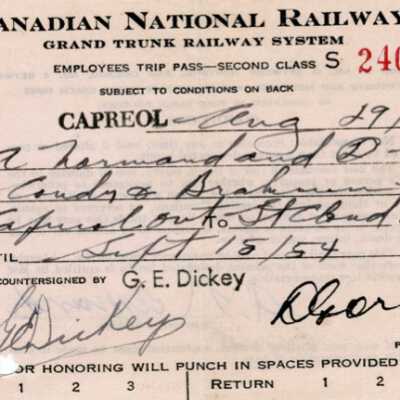 Canadian National Employee Trip Pass, Capreol ON to St. Cloud ON, A. Normand and Two Men, 1954