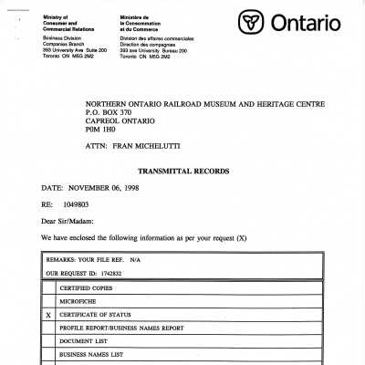 NORMHC Certificate for Status of Corporation request