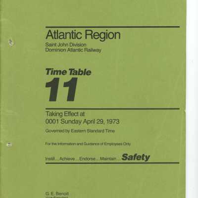 CN Employee Operating Time Table 11 for Pacific Region, Saint John Division, Effective Sunday, April 29th, 1973