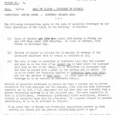 Document, CN Sale of Liquor Memo.