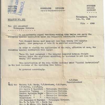 Canadian National Railways - Hornepayne Division Bulletin No. 321