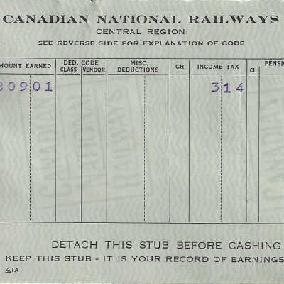 Canadian National Statement of Earnings and Deductions belonging to Frank Mazzuca