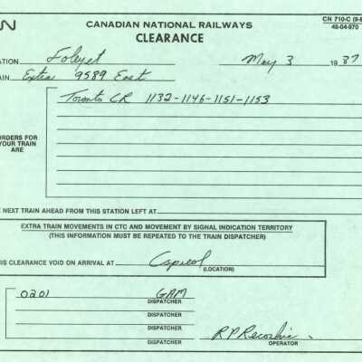 Document, CN Foleyet Train Orders.