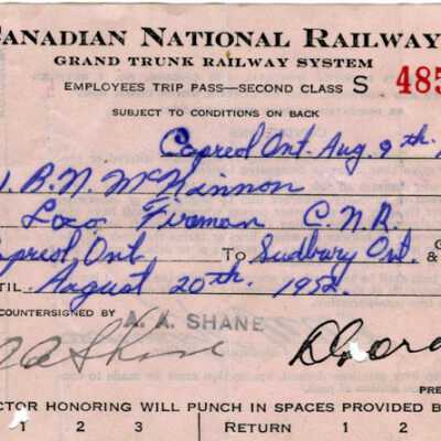 Canadian National Railways Employee Trip Pass, Capreol to Sudbury, R. N. McKinnon, 1952