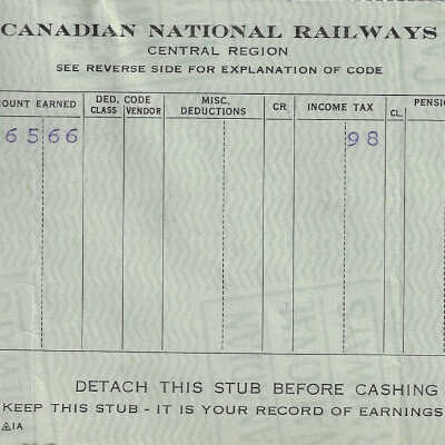 Canadian National Statement of Earnings and Deductions belonging to Frank Mazzuca