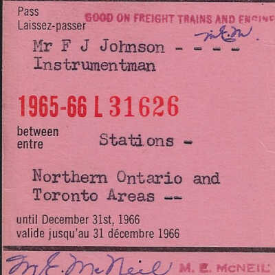 Canadian National: Northern Ontario District and Toronto Areas Pass, F. J. Johnson, 1965-1966