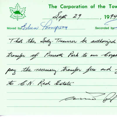 Corporation of Capreol Motion no. 33: Finalize transfer of Prescott Park