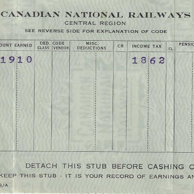 Canadian National Statement of Earnings and Deductions belonging to Frank Mazzuca