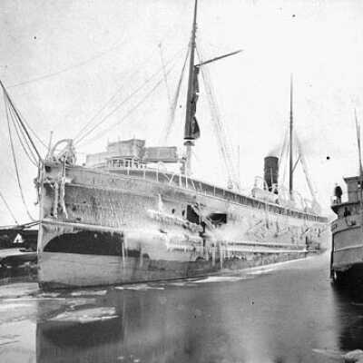 Photograph, Canadian Pacific Railway Steamship "Algoma" as she arrived at Port Arthur covered with ice.