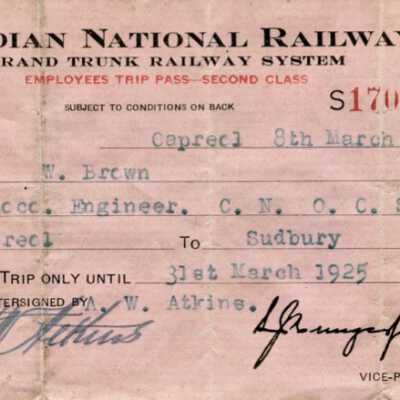 Canadian National Railways: Employee Trip Pass, Capreol to Sudbury, W. Brown, 1925