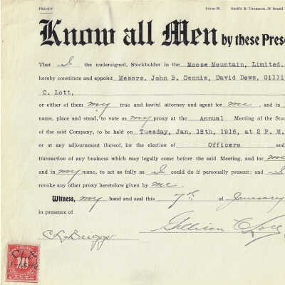 Proxy Form, for Annual Meeting of the Stockholders, Moose Mountain Limited, 1916. Shareholder Gillian [Close] Witness C.L. Briggs. Form 99 Smith & Thomson, 58 Broad Street N.Y.