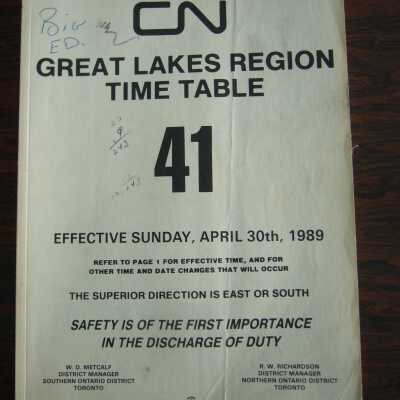 CN Great Lakes Region Time Table No. 41, Effective April 30th, 1989