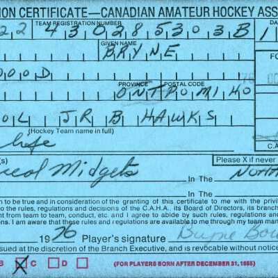 Hockey Player's Registration Certificate belonging to Bryne Bowness