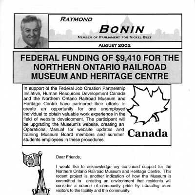 "Federal Funding of $9410 for the Northern Ontario Railroad Museum and Heritage Centre" Endorsement from Raymond Bonin, Nickel Belt MP, August 2002