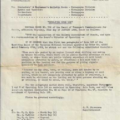 Canadian National Railways - Hornepayne Division Bulletin No. 52