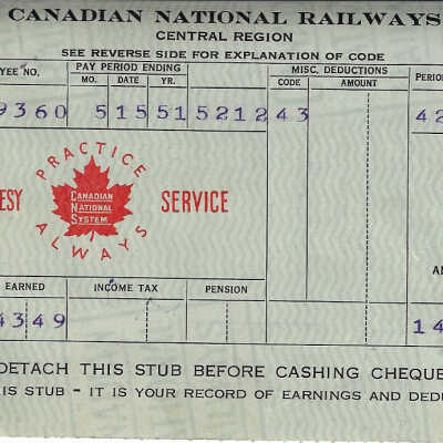 Canadian National Statement of Earnings and Deductions belonging to Frank Mazzuca