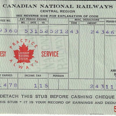 Canadian National Statement of Earnings and Deductions belonging to Frank Mazzuca